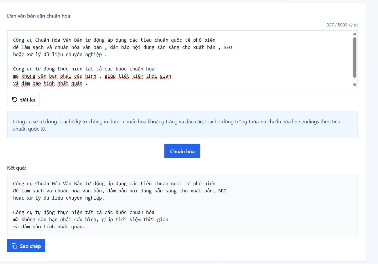Ví dụ trước và sau khi chuẩn hóa văn bản tiếng Việt